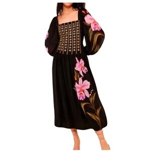 Farm Rio black Floral Orchid Embroidered Dress Long Sleeve Sz S gold Star